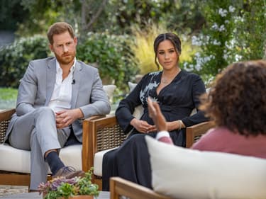 Meghan Markle, Harry et Oprah Winfrey lors de l'interview sur CBS le 7 mars 2021.