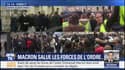 Des gilets jaunes scandent "Macron démission" à proximité du Président à Paris