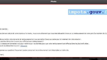 Le courrier indiquant que l'internaute va recevoir un remboursement d'impôt, pointant vers un faux formulaire à remplir.