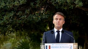 Le président français Emmanuel Macron lors des cérémonies pour les 80 ans de la libération de Bormes-les-Mimosas (Var), le 17 août 2024 