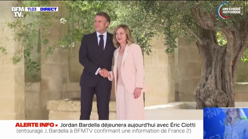 Sommet du G7: Emmanuel Macron accueilli par Giorgia Meloni en Italie