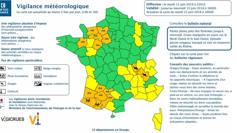 La carte de vigilance pour ce mardi dans la soirée. 