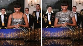 A gauche, la vraie tenue de Michelle Obama aux Oscars et à droite, la tenue qu'ont pu voir les Iraniens en photo.