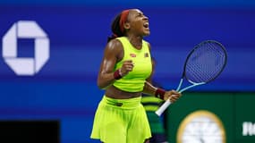 Coco Gauff jubile après sa victoire en demi-finale de l'US Open face à la Tchèque Karolina Muchova (6-4, 7-5), le 7 septembre 2023
