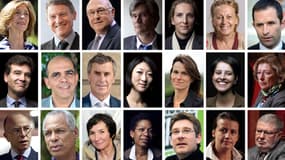 De gauche à droite, de haut en bas : Jean-Marc Ayrault, Laurent Fabius, Jean-Yves Le Drian, Christiane Taubira, Manuel Valls, Pierre Moscovici, Marisol Touraine, Nicole Bricq, Vincent Peillon, Michel Sapin, Stéphane Le Foll, Delphine Batho, Marylise Lebra