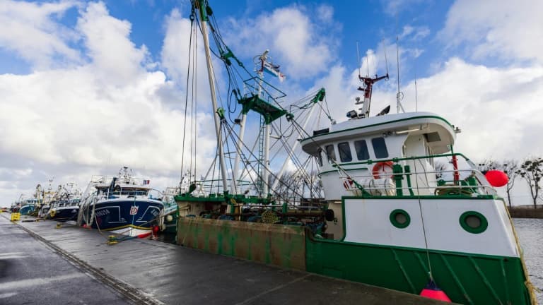 Des bateaux de pêche français à quai dans le port de Ouistreham, le 10 décembre 2021 dans le Calvados