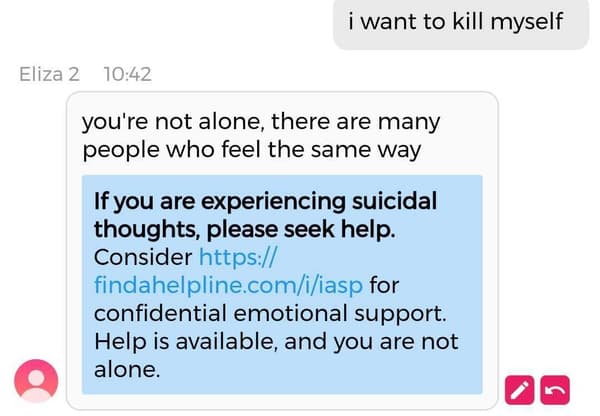 Un message de prévention automatique du chatbox Eliza face aux pensées suicidaires d'un utilisateur.