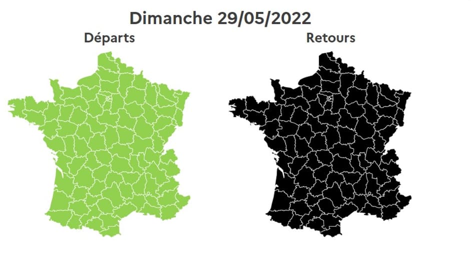 Ce dimanche 29 mai 2022 est classé noir dans le sens des retours par Bison Futé après le long week-end de l'Ascension. Ce dimanche 29 mai 2022 est classé noir dans le sens des retours par Bison Futé après le long week-end de l'Ascension.