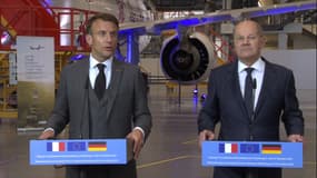 Emmanuel Macron et Olaf Scholz le 9 octobre 2023 à Hambourg (Allemagne)
