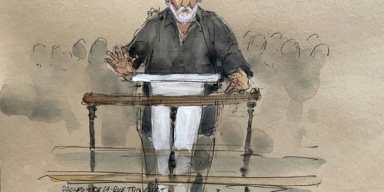Croquis d'audience du 28 avril 2025, publié le 5 mai 2025, montrant l'accusé Didier Dubreucq lors du procès du braquage de l'influenceuse américaine Kim Kardashian, à la cour d'assises de Paris.