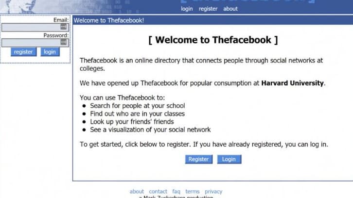 Page d'accueil de Facebook en 2004. 