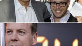 Les créateurs de Lost, Carlton Cuse (à gauche) et Damon Lindelof (en haut) et l'acteur Kiefer Sutherland, qui incarne l'agent Jack Bauer dans 24 Heures Chrono. A une journée d'intervalle, ces deux séries, qui figurent parmi les plus populaires fictions té