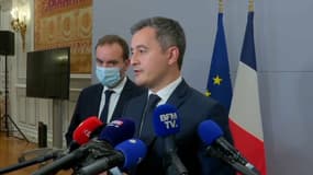 Gérald Darmanin, devant Sébastien Lecornu, s'exprime samedi 20 novembre 2021 depuis le ministère de l'Intérieur