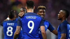Olivier Giroud, Kingsley Coman et Patrice Evra, durant un match amical France-Cameroon, à Nantes, le 30 mai 2016.