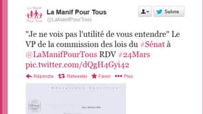 Le collectif "Manif pour tous" a rendu la lettre du sénateur Jean-Pierre Michel oublique, sur Twitter, lundi après-midi.