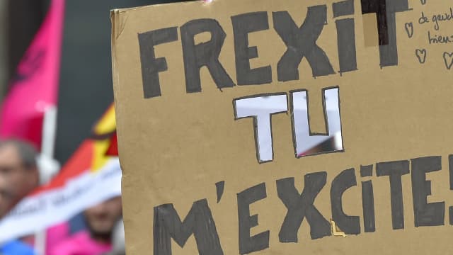 Un manifestant brandit une pancarte "Frexit (de gauche bien sûr) tu m'excites" lors d'une manifestation à Nantes contre la loi Travail, le 28 juin 2016.