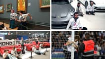 Les activistes britanniques de Just Stop Oil après avoir jeté de la soupe sur les Tournesols de Van Gogh (haut, gauche); ceux de Scientist Rebellion dans une concession Porsche en Allemagne (haut, droite); des militants d'Extinction Rebellion au Mondial de l'Auto (bas, gauche); et un militant de Dernière Rénovation lors d'un match PSG-OM (bas, droite).