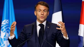 Emmanuel Macron prononce un discours lors du Blue Economy and Finance Forum (BEFF) en amont de l'Unoc3, au Grimaldi Forum à Monaco, le 8 juin 2025