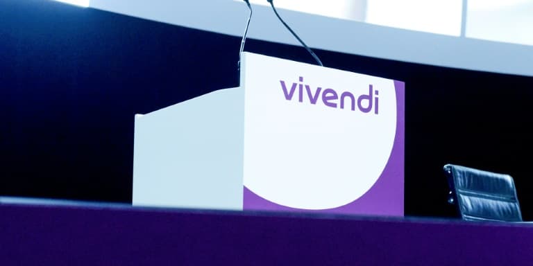 Le logo du groupe Vivendi, durant un meeting général le 19 avril 2018 à Paris, photo d'illustration