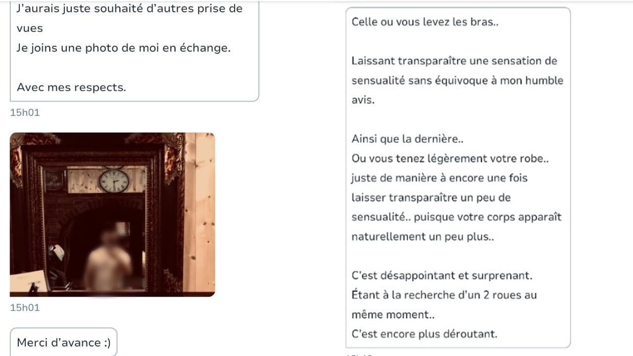 Captures d'écran de conversations d'Élodie avec un internaute à la recherche de photos de jeunes femmes.
