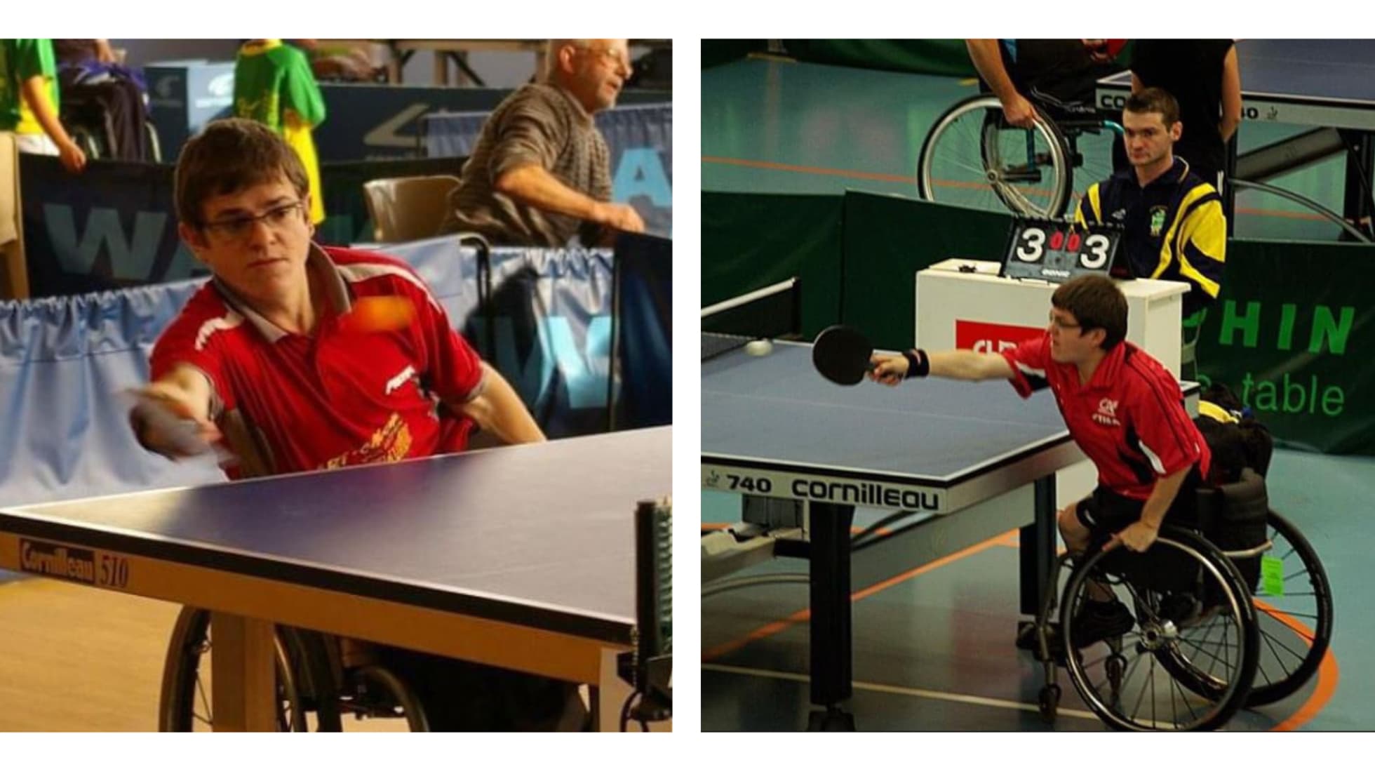 Rémi Mousset en train de jouer au tennis de table en fauteuil roulant, lors d'une compétition.
