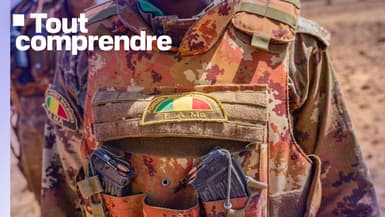 Insigne des FAMa (Forces Armées Maliennes) sur le bouclier pare-balles d'un soldat malien appartenant à la force conjointe du G5 Sahel, stationné à Boulikessi