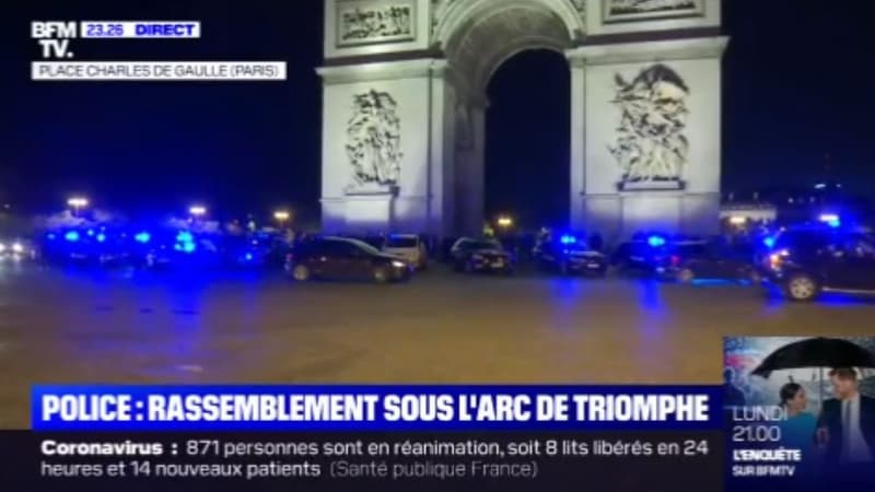 Rassemblement de voitures de police sous l'Arc de Triomphe à Paris, le 13 juin 2020