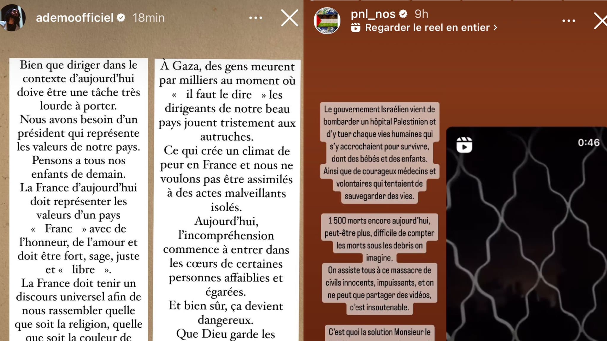 Capture d'écran des storys Instagram des rappeurs Ademo et NOS du groupe PNL. Capture d'écran des storys Instagram des rappeurs Ademo et NOS du groupe PNL.