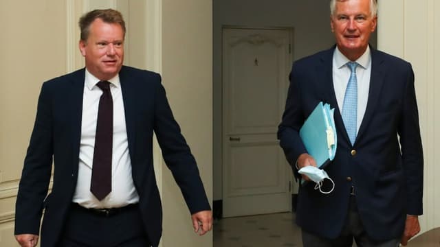 Le négociateur britannique David Frost (à gauche), et son homologue européen, Michel Barnier, à Bruxelles, le 21 août 2020