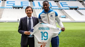 Pablo Longoria avec Geoffrey Kondogbia à l'OM, le 3 août 2023