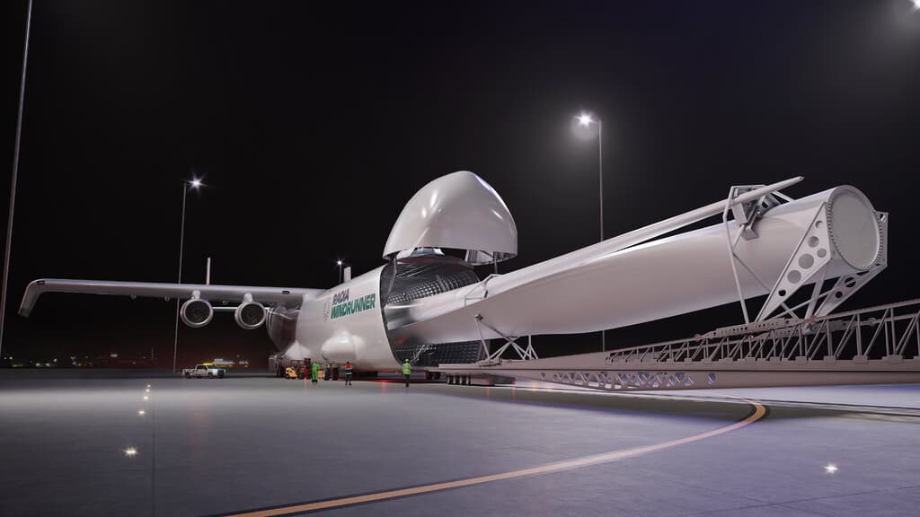 L'avion cargo Windrunner de Radia (rendu 3D) embarquant une pale d'éolienne
