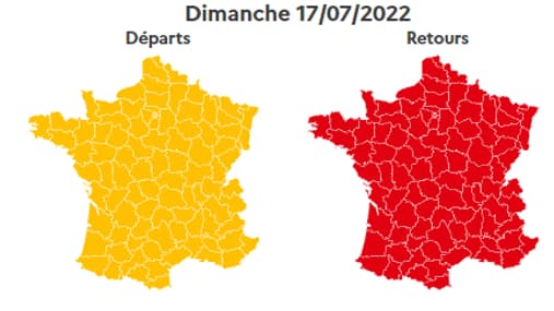 Dimanche, la journée est classé orange dans le sens des départs, rouge pour les retours. Dimanche, la journée est classé orange dans le sens des départs, rouge pour les retours.