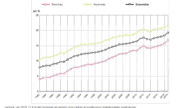 En 2019, en France, 5,2 millions de personnes en emploi sont cadres ou professions intellectuelles supérieures, soit 19 % de l'emploi total. En 2019, en France, 5,2 millions de personnes en emploi sont cadres ou professions intellectuelles supérieures, soit 19 % de l'emploi total.