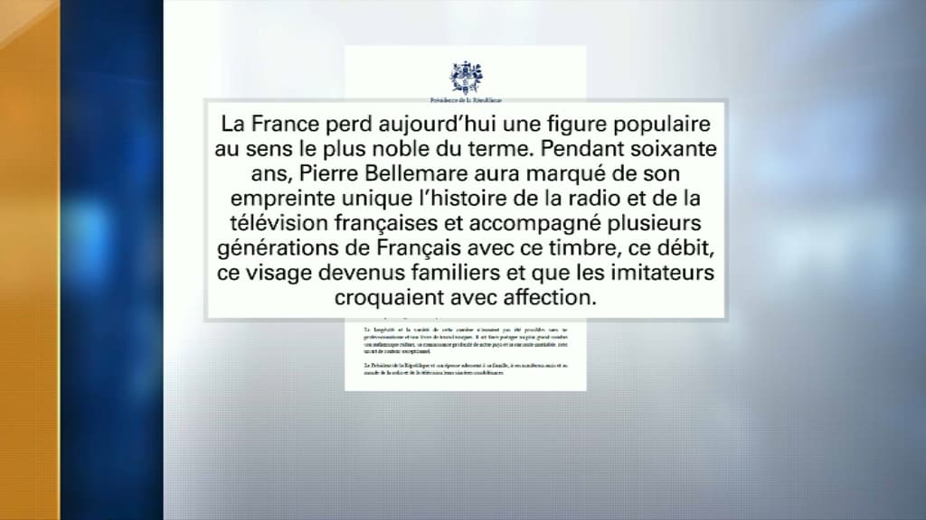 Le communiqué de l'Elysée pour saluer la mémoire de Pierre Bellemare Le communiqué de l'Elysée pour saluer la mémoire de Pierre Bellemare