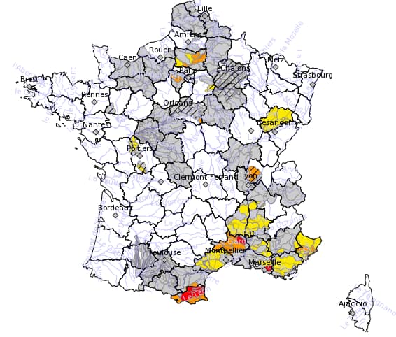 La carte des arrêtés liés à l'eau en France au 11 mai 2023.
