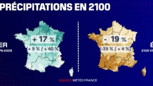 L'évolution des précipitations entre la période 1976-2005 et 2100 en raison du dérèglement climatique, selon une projection de Météo-France L'évolution des précipitations entre la période 1976-2005 et 2100 en raison du dérèglement climatique, selon une projection de Météo-France