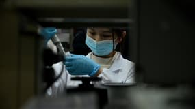Une technicienne au laboratoire de l'université Tsinghua de Pékin qui co-développe un traitement à base d'anticorps monoclonaux contre le Covid-19, le 9 décembre 2021. PHOTO D'ILLUSTRATION