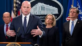 Le ministre américain de la Justice par intérim, Matthew Whitaker, le 28 janvier 2019, met en cause le Chinois Huawei lors d'une conférence de presse à Washington.