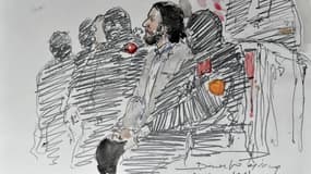 Salah Abdeslam lors de son procès en Belgique, en 2018. - Croquis d'audience