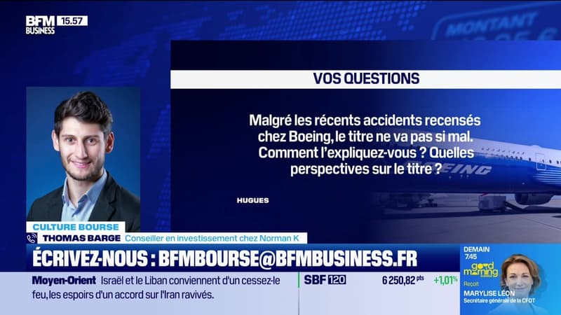 Culture Bourse : « Malgré les récents accidents recensés chez Boeing, le titre ne va pas si mal. Comment l’expliquez-vous ? Quelles perspectives sur le titre ? », par Julie Cohen-Heurton - 04/06