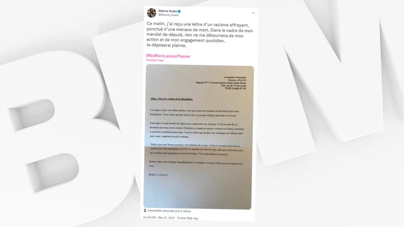 Le député de la Seine-Saint-Denis a annoncé vouloir porté plainte après avoir reçu une lettre contenant des insultes racistes et des menaces de mort.