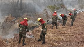 Des soldats boliviens luttent contre un feu de forêt dans le parc national d'Otuquis, le 26 août 2019. 