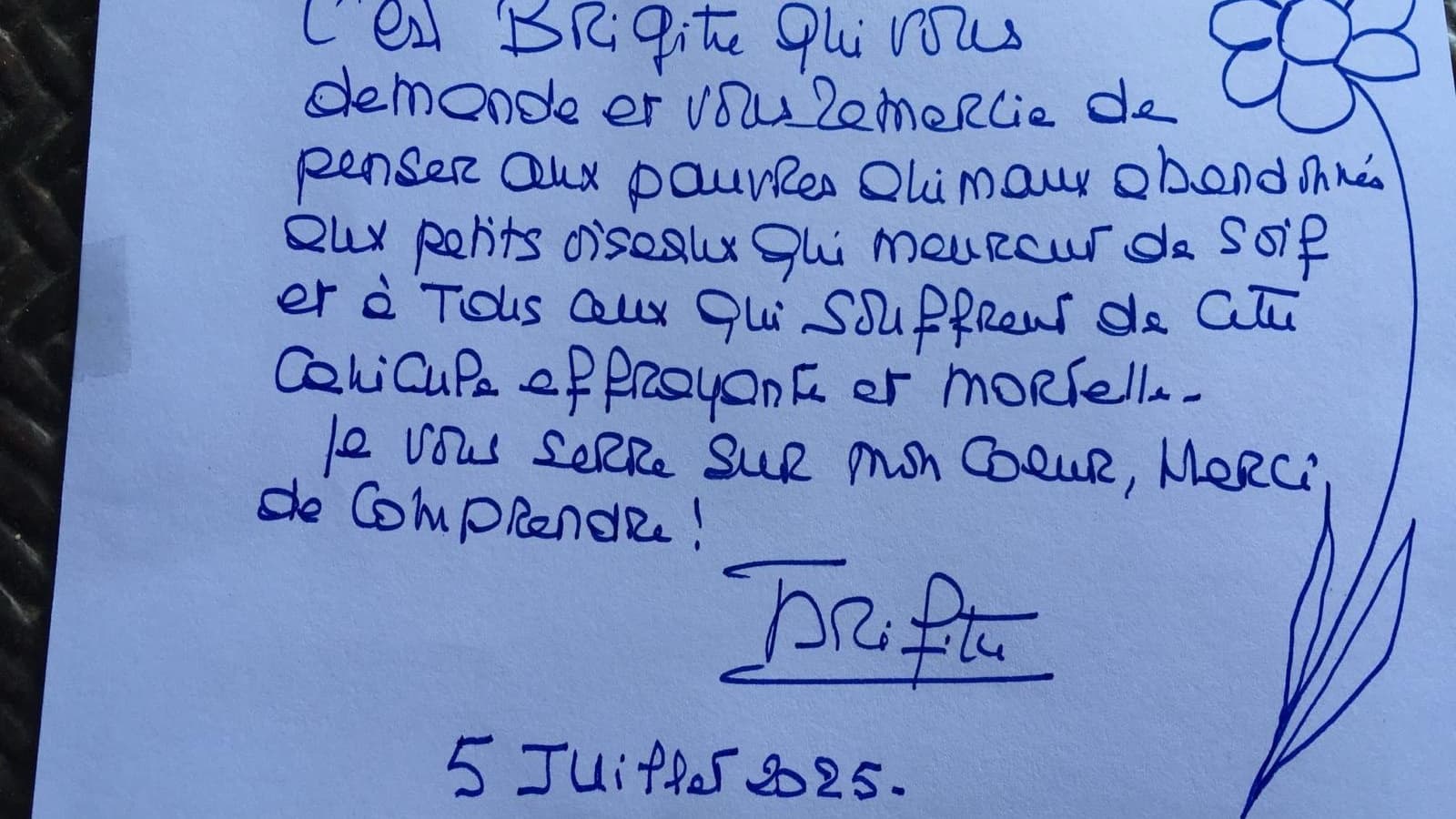 Un appel de Brigitte Bardot le 5 juillet 2025. Un appel de Brigitte Bardot le 5 juillet 2025.