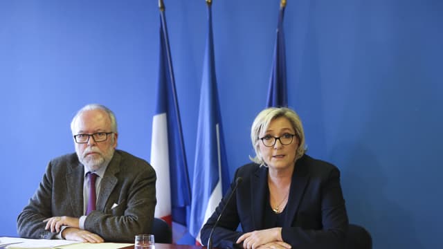 Wallerand de Saint-Just, trésorier du Front national et Marine Le Pen, présidente du parti lors d'une conférence de presse. (image d'illustration).
