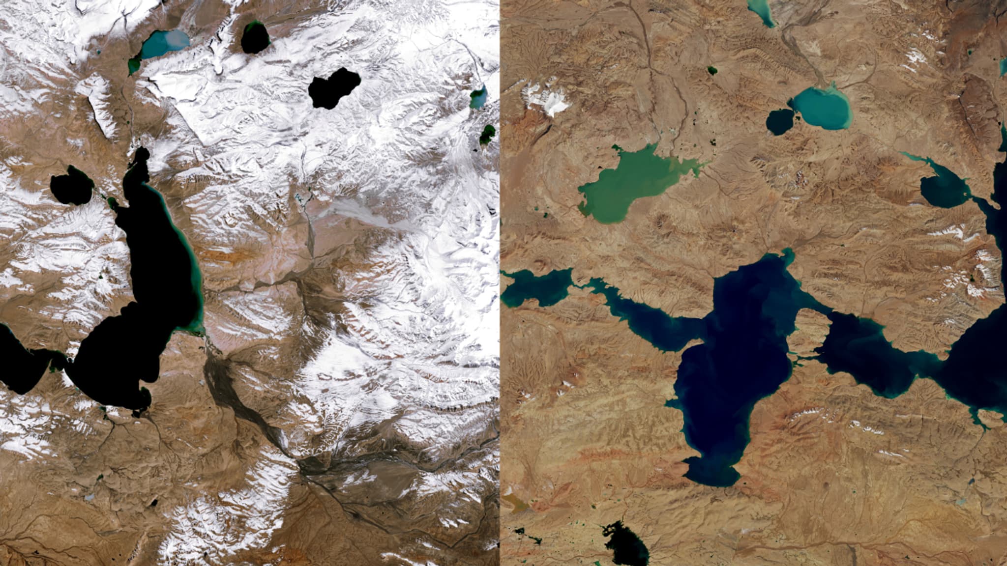 Les lacs à l'ouest des monts Tanggula, au Tibet, en 1987 et en 2021, capturé par Lansat