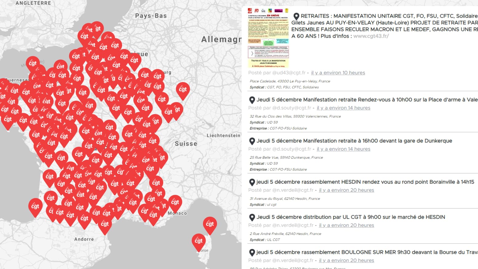 La CGT a réalisé une carte de France des manifestations organisées ce jeudi 5 décembre La CGT a réalisé une carte de France des manifestations organisées ce jeudi 5 décembre
