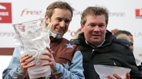 Franck Leblanc aux côtés de Jean-Michel Bazire lors de la victoire d'Up and Quick dans le Prix d'Amérique