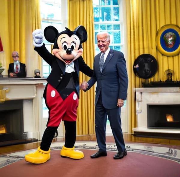 Un exemple d'image générée via Stable Diffusion avec la commande "Joe Biden qui serre la main de Mickey Mouse à la Maison Blanche"