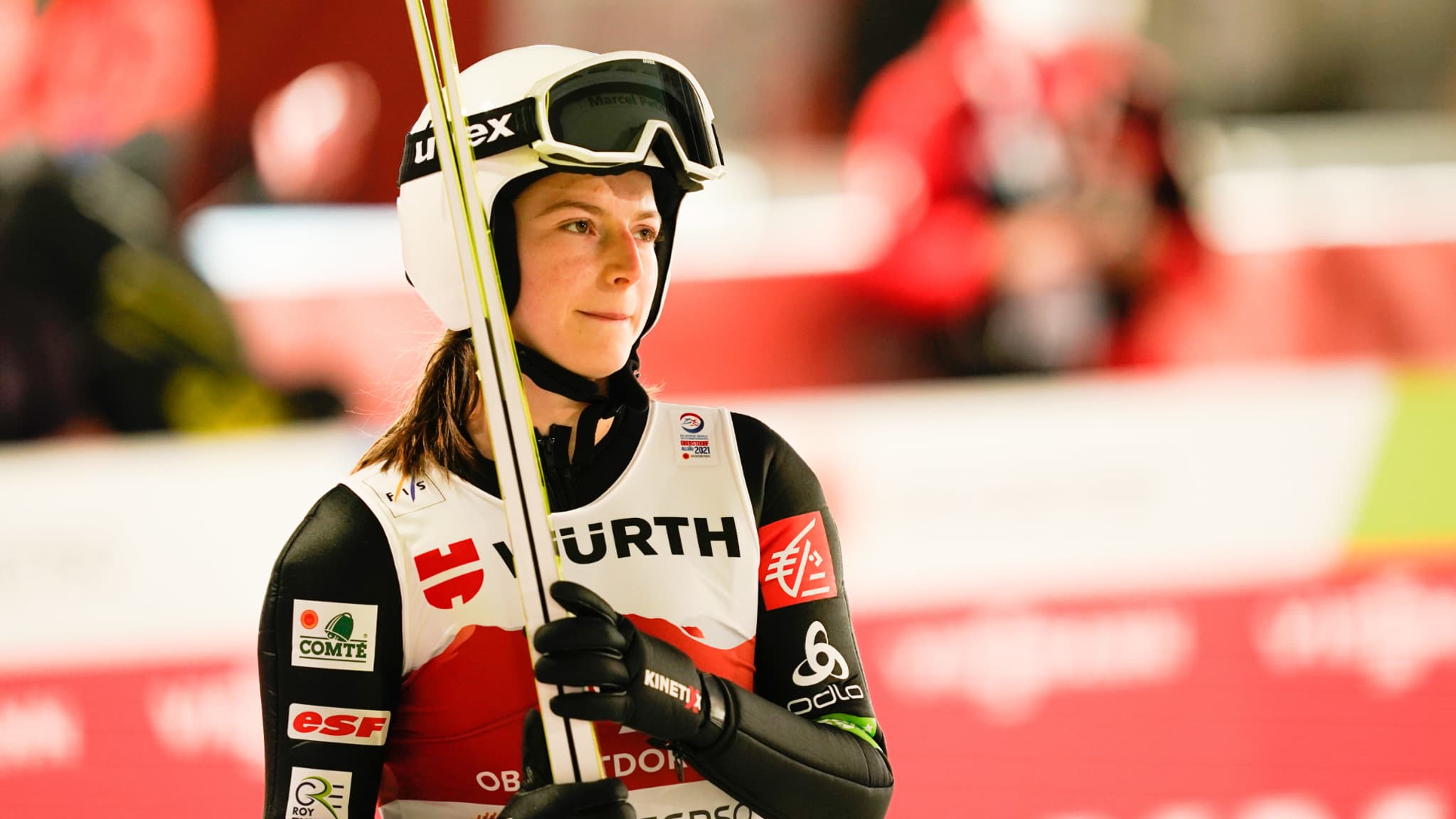 Julia Clair lors des Championnats du monde de saut à ski à Oberstdorf, le 25 janvier 2021