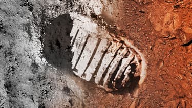 Vue d'artiste d'une empreinte de pas sur la Lune et sur Mars.